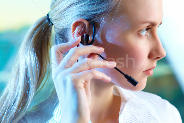 Foto stock: Representante · primer · plano · mujer · bonita · auricular · negocios