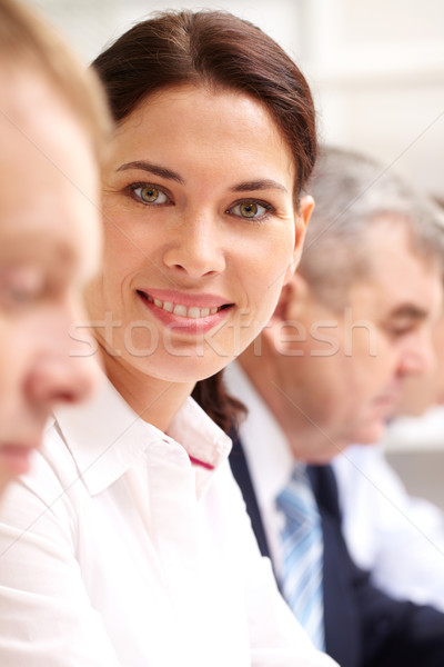 Foto d'archivio: Signora · briefing · bella · donna · incontro · di · lavoro · sorridere