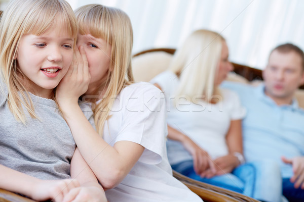 Foto stock: Sussurrar · retrato · doce · menina · pensativo · gêmeo