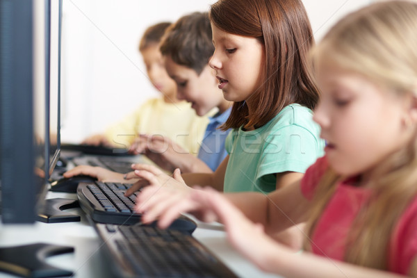 Stockfoto: Schoolmeisje · les · portret · naar · computer