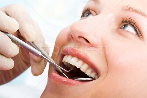 Stock fotó: Megvizsgál · száj · közelkép · beteg · nő · fogorvos