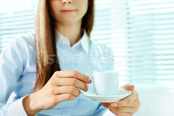 Foto stock: Feminino · copo · foto · xícara · de · café · pires