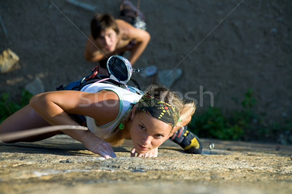 Foto stock: Esportes · foto · mulher · desgaste · escalada · para · cima