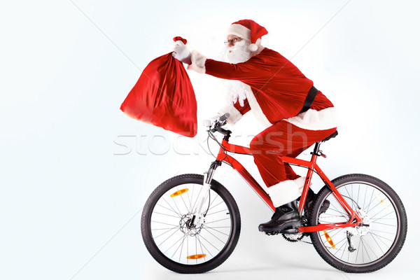 Foto stock: Saco · foto · feliz · papai · noel · bicicleta