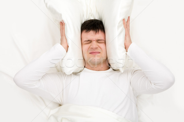 Bosszús férfi kép szenvedés álmatlanság fülek Stock fotó © pressmaster