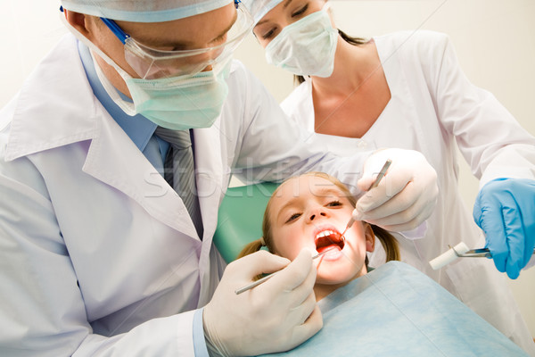 Foto stock: Boca · imagem · dental · little · girl · dentista · assistente