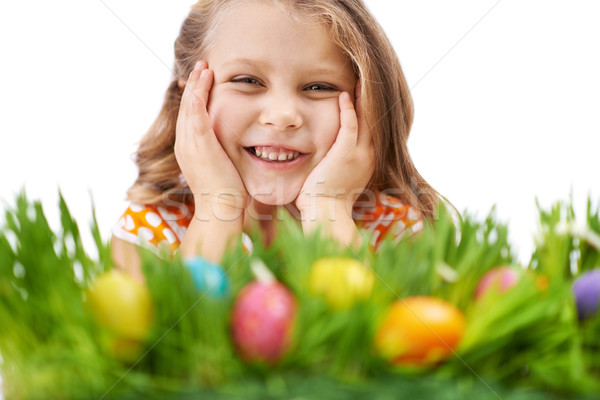 Húsvét öröm fotó aranyos lány zöld fű Stock fotó © pressmaster