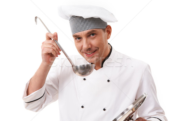 Proeverij voedsel portret knappe man uniform naar Stockfoto © pressmaster