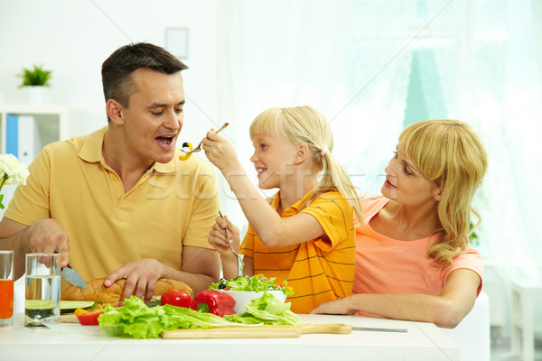 Stockfoto: Ontbijt · portret · gelukkig · gezin · ochtend · keuken · vrouw