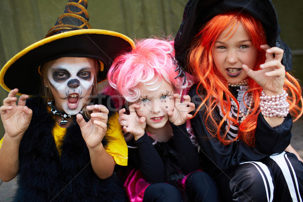 Stock foto: Halloween · Schreck · Porträt · drei · Mädchen · schauen