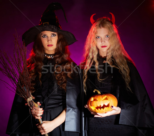 Halloween portrait deux balai citrouille Photo stock © pressmaster