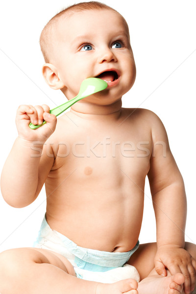 商業照片: 幸福 · 可愛的 · 嬰兒 · 勺子 · 口 · 看