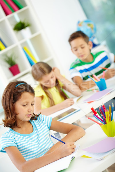 Stock foto: Zeichnung · Porträt · Mädchen · Arbeitsplatz · Studenten · Bleistift