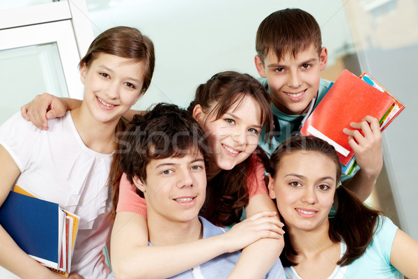 Foto stock: Escola · secundária · estudantes · retrato · cinco · olhando