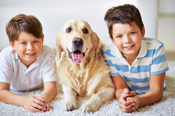 Foto stock: Três · retrato · dois · pequeno · meninos · cão