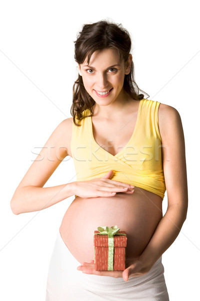 Foto stock: Mujer · regalo · foto · bastante · mujer · embarazada · pequeño