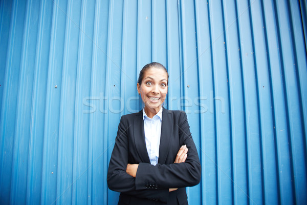 Gelukkig werkgever afbeelding zakenvrouw permanente Blauw Stockfoto © pressmaster