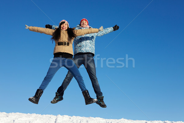 Foto stock: Saltando · datas · retrato · feliz · casal · quente