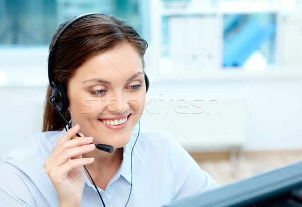 Foto stock: Mulher · fone · retrato · jovem · operador · consultor