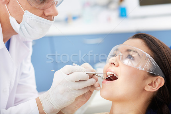 Stock foto: Zahnhygiene · junge · Mädchen · öffnen · Mund · mündliche · Frau