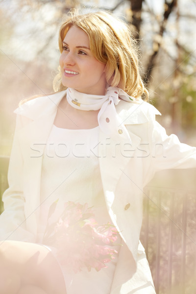 Foto stock: Mujer · parque · retrato · sesión · banco