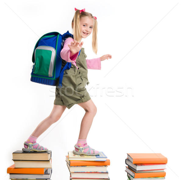 ストックフォト: 少女 · 肖像 · リュックサック · 徒歩 · 先頭 · 図書