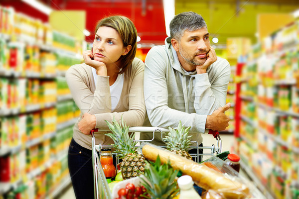 Foto stock: Casal · supermercado · imagem · carrinho · comida