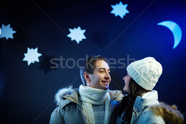 Foto stock: Romântico · noite · retrato · feliz · casal · olhando
