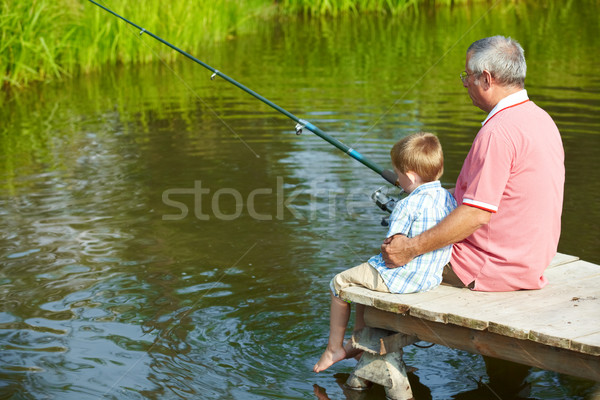 Stock fotó: Szabadidő · fotó · nagyapa · unoka · ül · halászat