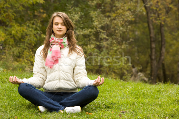 [[stock_photo]]: Méditer · portrait · jolie · femme · yoga · exercice · parc