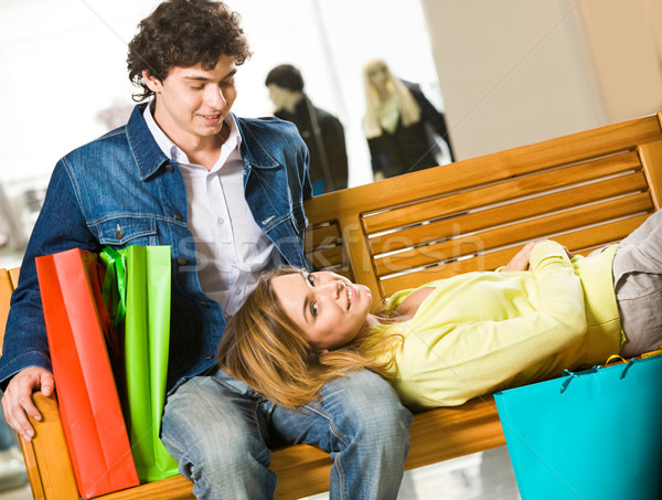 Foto stock: Cansado · imagem · menina · banco · mercado · namorado