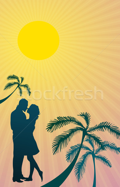 Foto stock: Romântico · trio · silhueta · casal · beijando · árvore