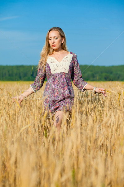 Mulher jovem jovem beleza menina campo de trigo céu Foto stock © prg0383