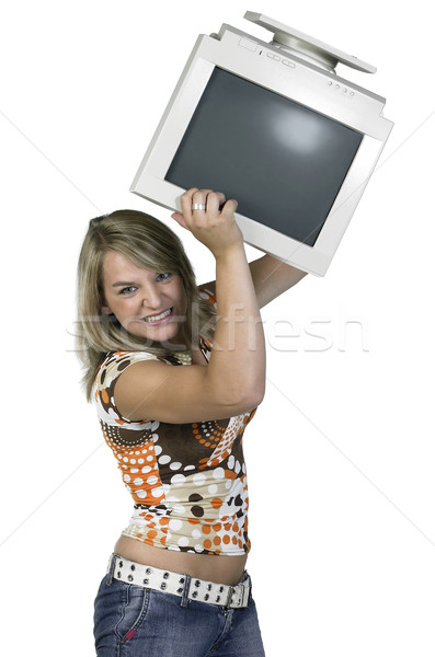 Lány dob számítógépmonitor mérges szőke tart Stock fotó © prill