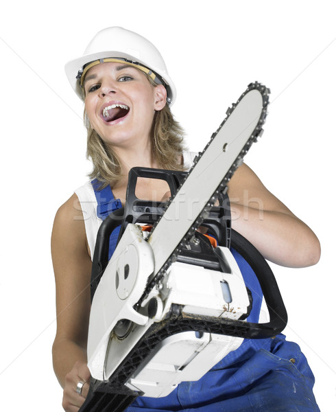 Lachend keten zag meisje arrogant werkkleding Stockfoto © prill