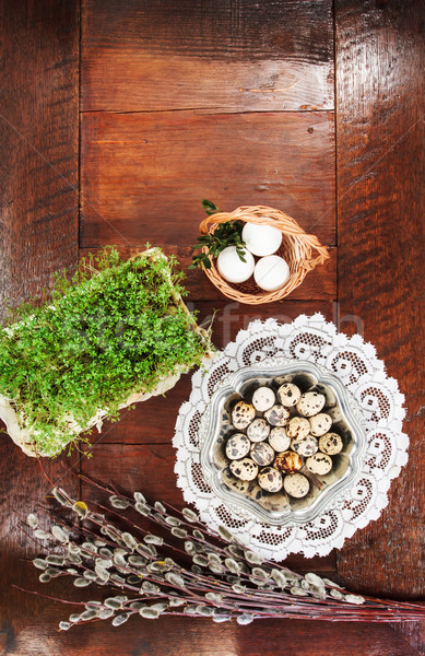Pasqua uova tavolo in legno salice metal piatto Foto d'archivio © przemekklos