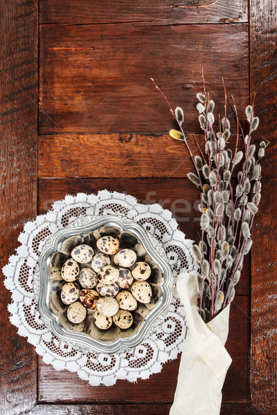 Stockfoto: Pasen · eieren · houten · tafel · wilg · metaal · schotel