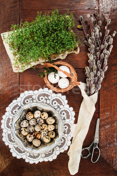 Easter composition of catkins, eggs and cress on wooden table Stock photo © przemekklos