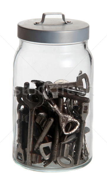 öreg rozsdás kulcsok üveg tál fehér Stock fotó © pterwort