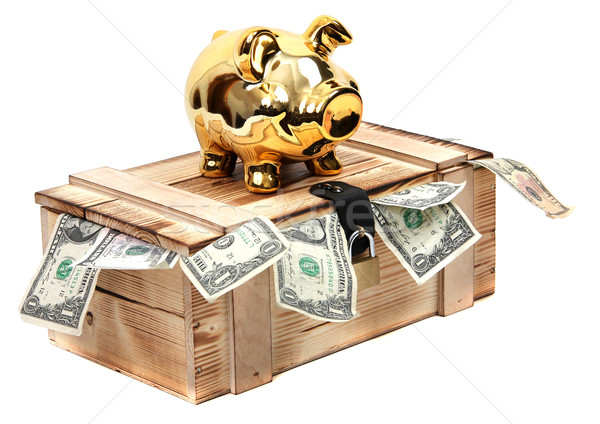 golden piggybank on wooden case with dollar notes Stock photo © pterwort