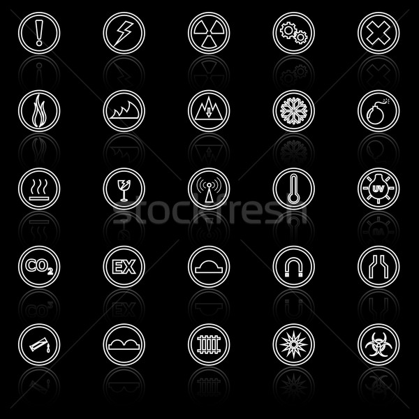 Warning sign line icons with reflect on black background Stock photo © punsayaporn