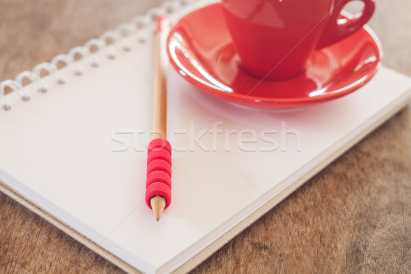 Foto d'archivio: Rosso · mug · open · notebook · stock · foto