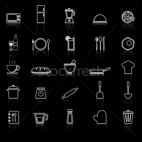 Kitchen line icons with reflect on black  Stock photo © punsayaporn