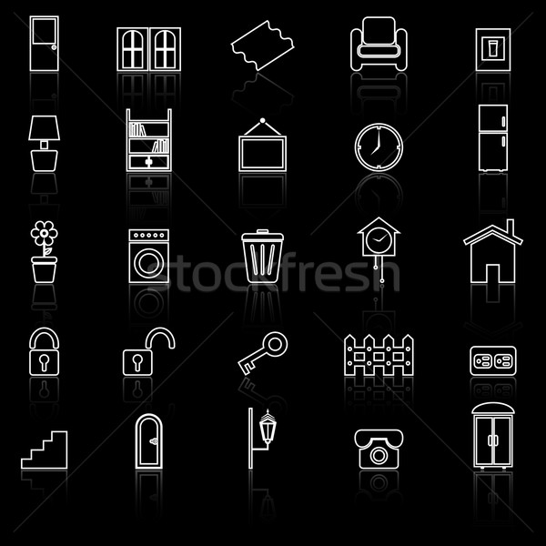 House related line icons with reflect on black background Stock photo © punsayaporn