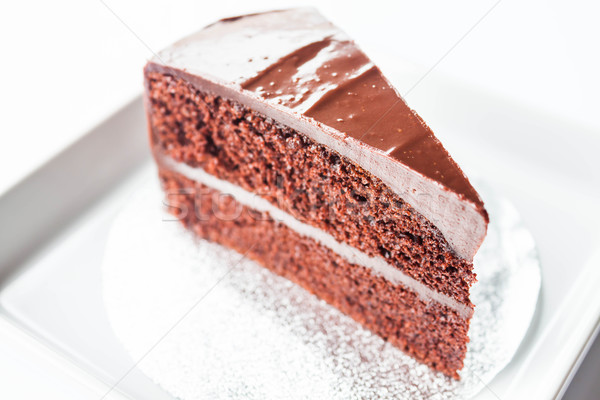 Piece of chocolate sponge cake on white dish Stock photo © punsayaporn