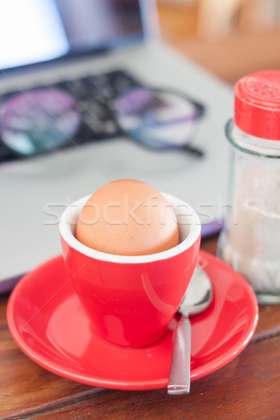 Medium boiled egg breakfast on work station Stock photo © punsayaporn