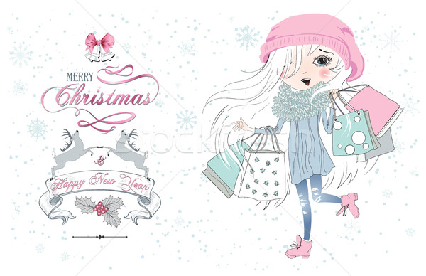 Küçük kız Noel alışveriş vektör tebrik kartı güzel Stok fotoğraf © PurpleBird