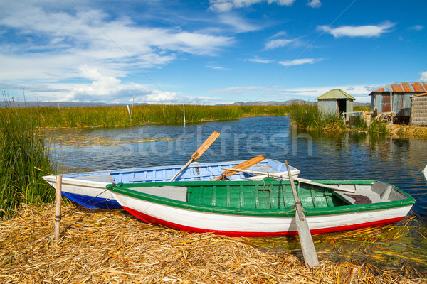 Blue lake with boats at the shore, titicaca lake Stock photo © pxhidalgo
