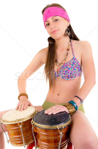 beautiful woman playing bongos studio shot Stock photo © pxhidalgo