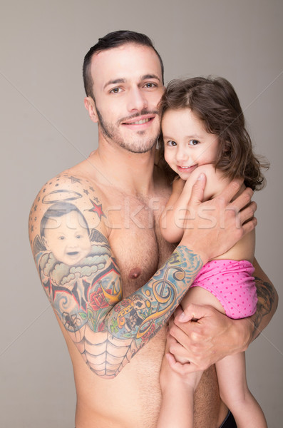 Stock foto: Baby · Hände · Mann · Tattoo · Familie · Kind